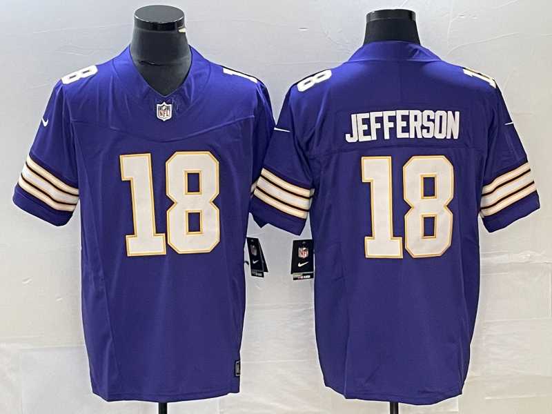 Men%27s Minnesota Vikings #18 Justin Jefferson Purple 2023 FUSE Vapor Limited Throwback Stitched Jersey